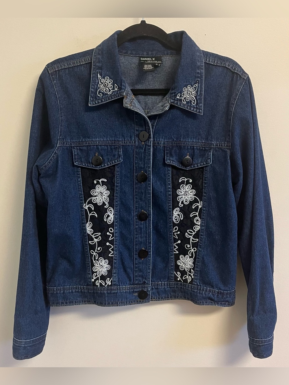 Vtg Daniel K Denim Jacket Womens Small Floral Embroidered Lace Button Front Y2K
